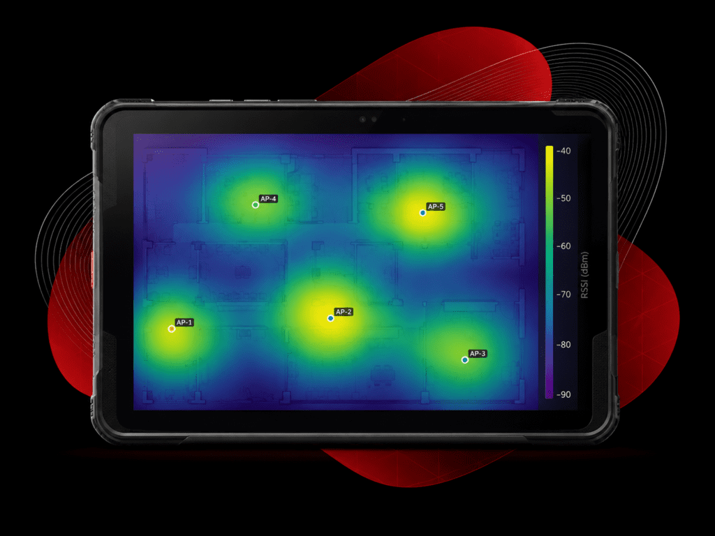 Predictive Wi-Fi coverage heatmap displayed on a tablet, showing access point signal strength across a facility floor plan