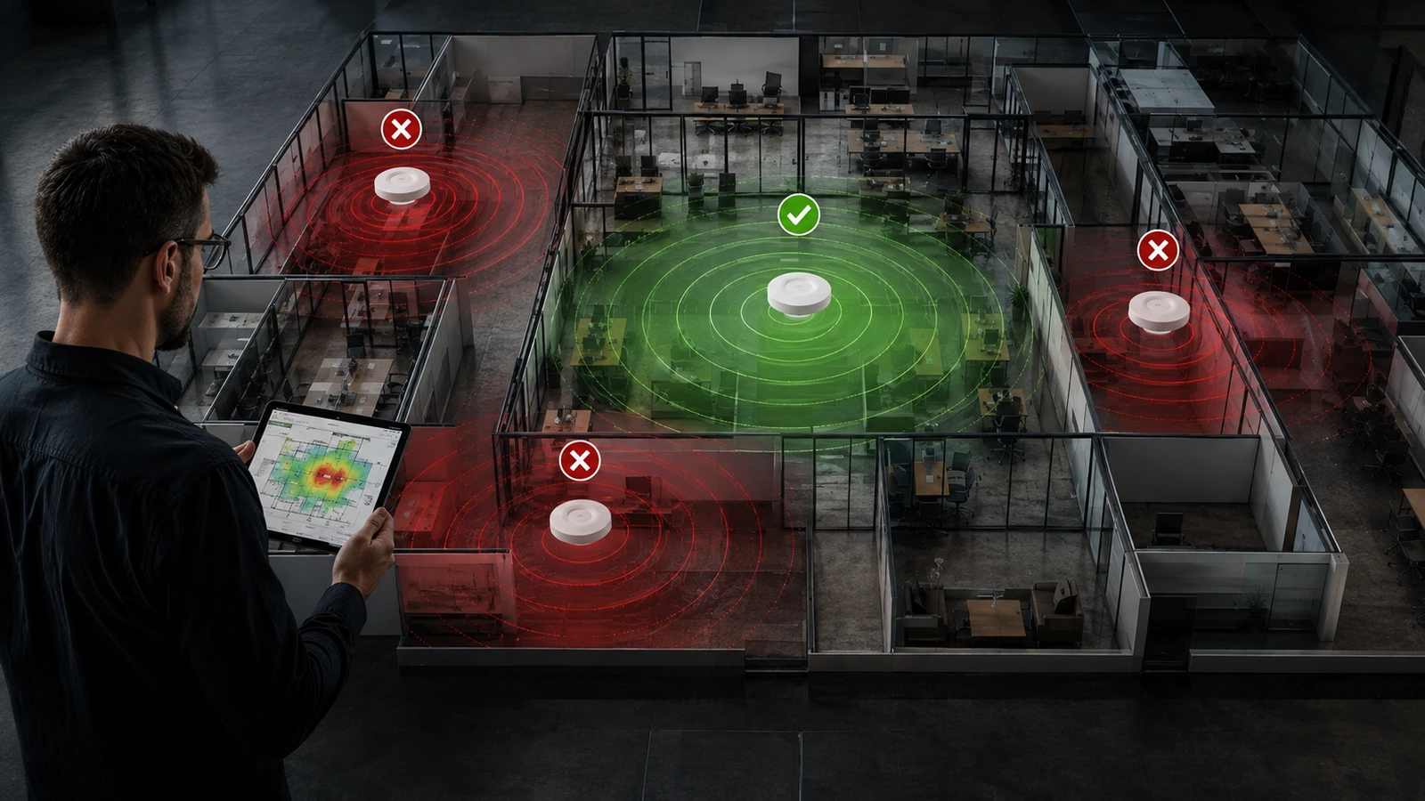 Floor plan comparison showing an access point mounted inside a corner enclosure with weak, uneven coverage beside one mounted in open ceiling space with even coverage.