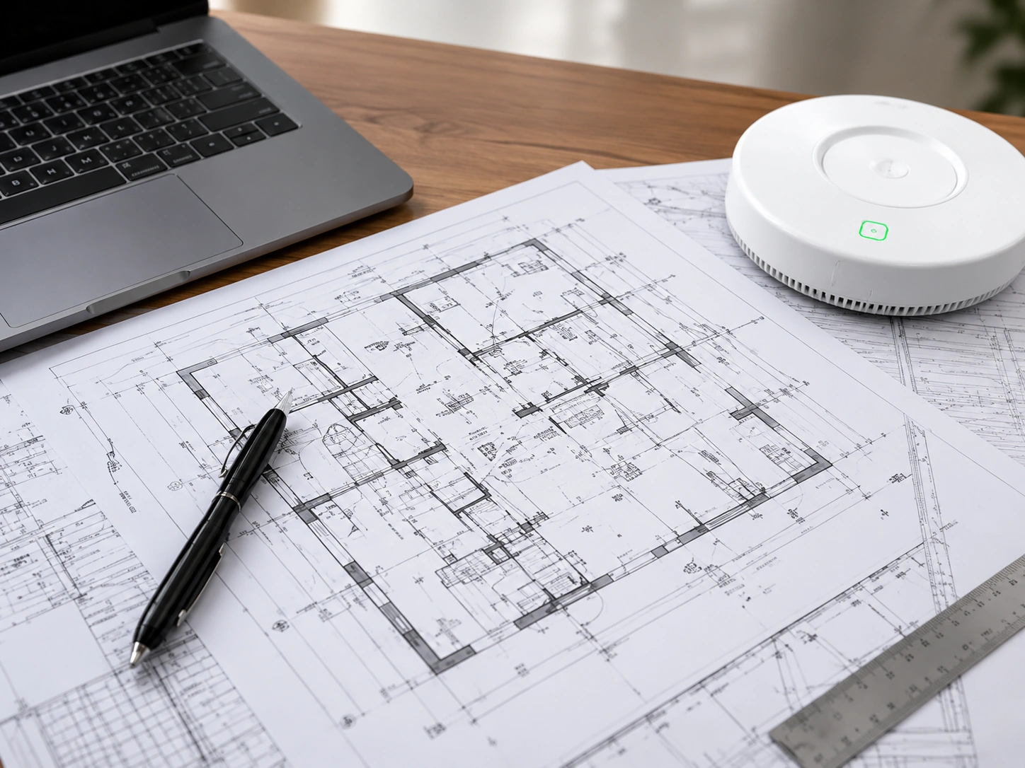 A marked-up architectural floor plan on a desk with a laptop, a ceiling access point, a pen and a scale rule — the working documents behind a Wi-Fi design.