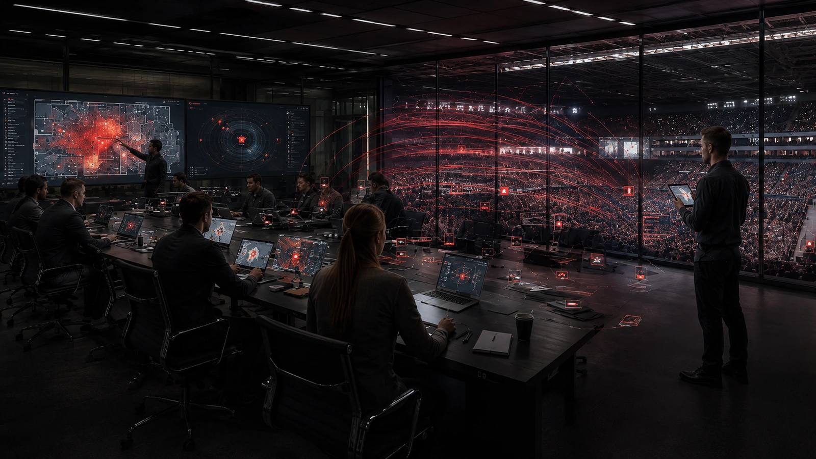 Crowded venue seating overlaid with overlapping access point cells, illustrating client density rather than signal coverage as the limiting factor.