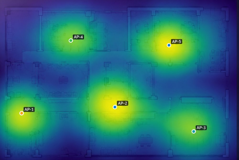 Wi-Fi RF survey extract: a received-signal-strength heat map over a floor plan showing measured coverage from five access points.