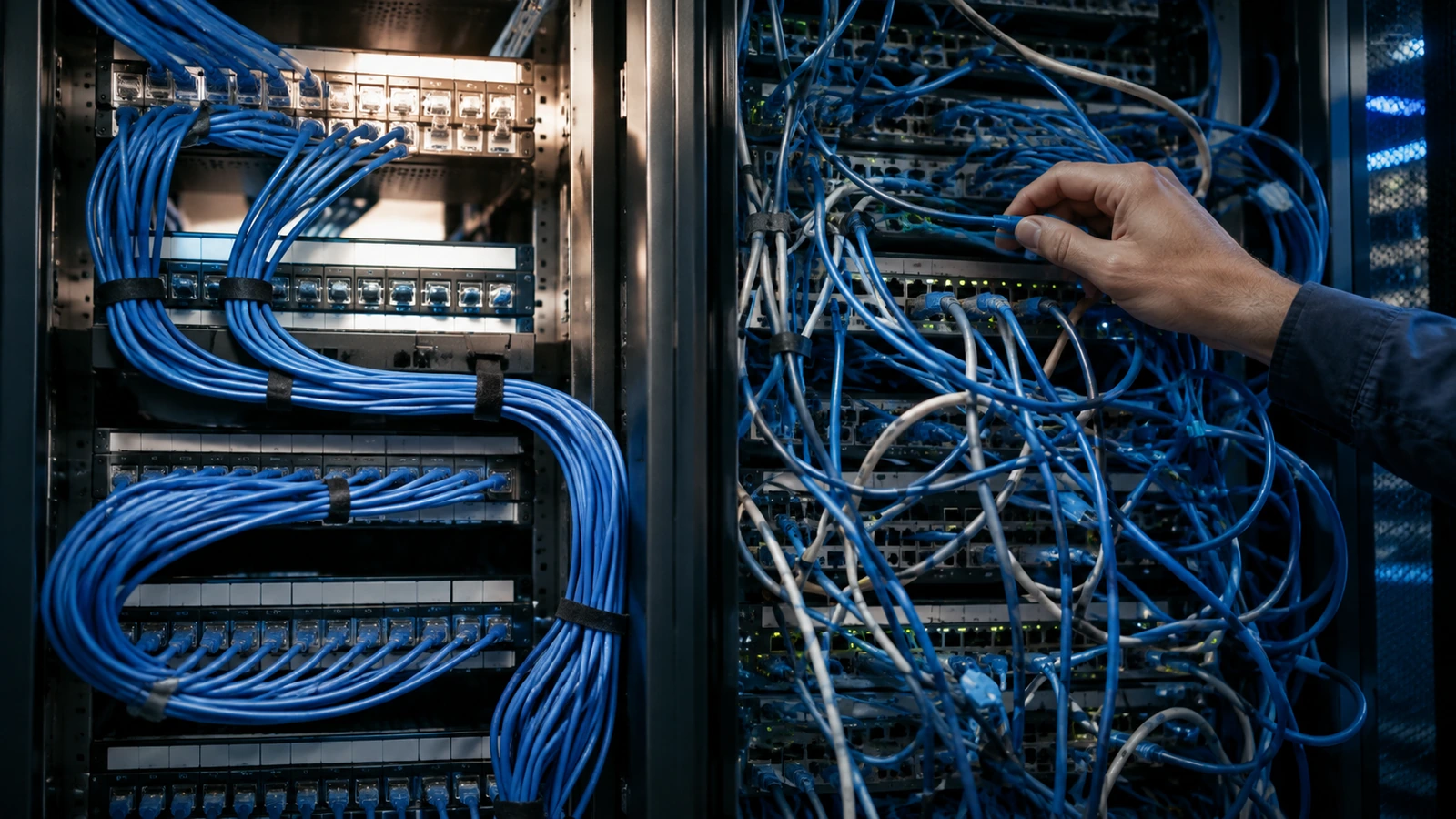 A network rack photographed in two states: neatly dressed and bundled blue patch cables on the left, and an unmanaged tangle on the right where a technician is tracing one cable by hand.
