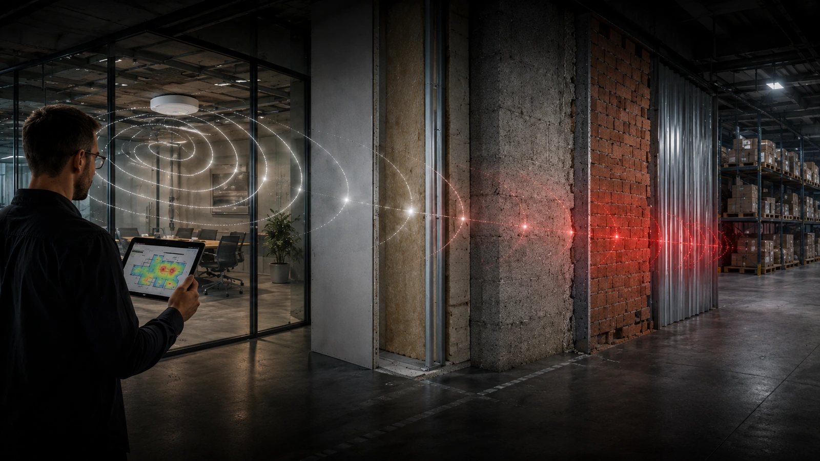 Cross-section through glass, brick, concrete and metal wall panels with the Wi-Fi signal weakening progressively through each material.