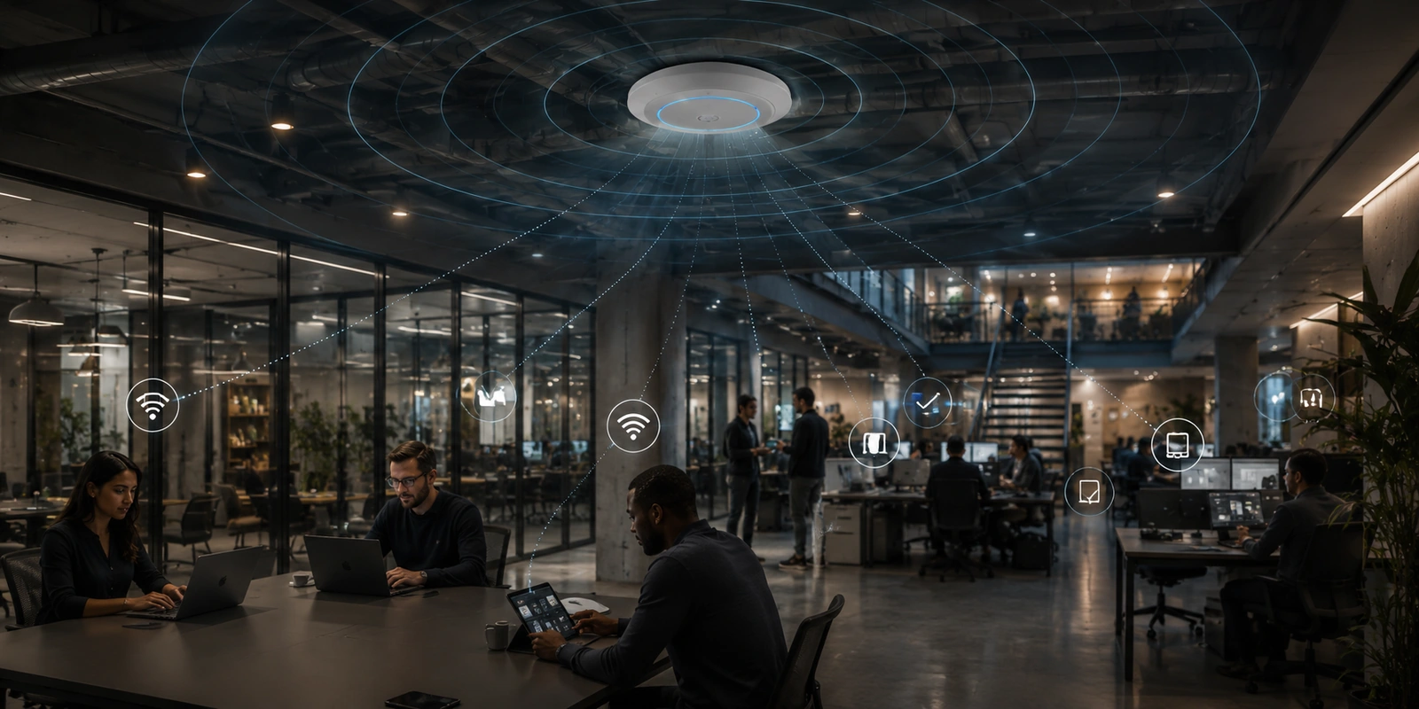 An open office where a single ceiling access point serves many simultaneous client devices, illustrating the airtime and capacity limits newer Wi-Fi generations address.