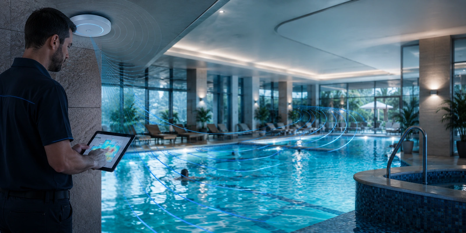 An engineer surveying an indoor pool deck with a tablet as 6 GHz signal weakens crossing the open water.
