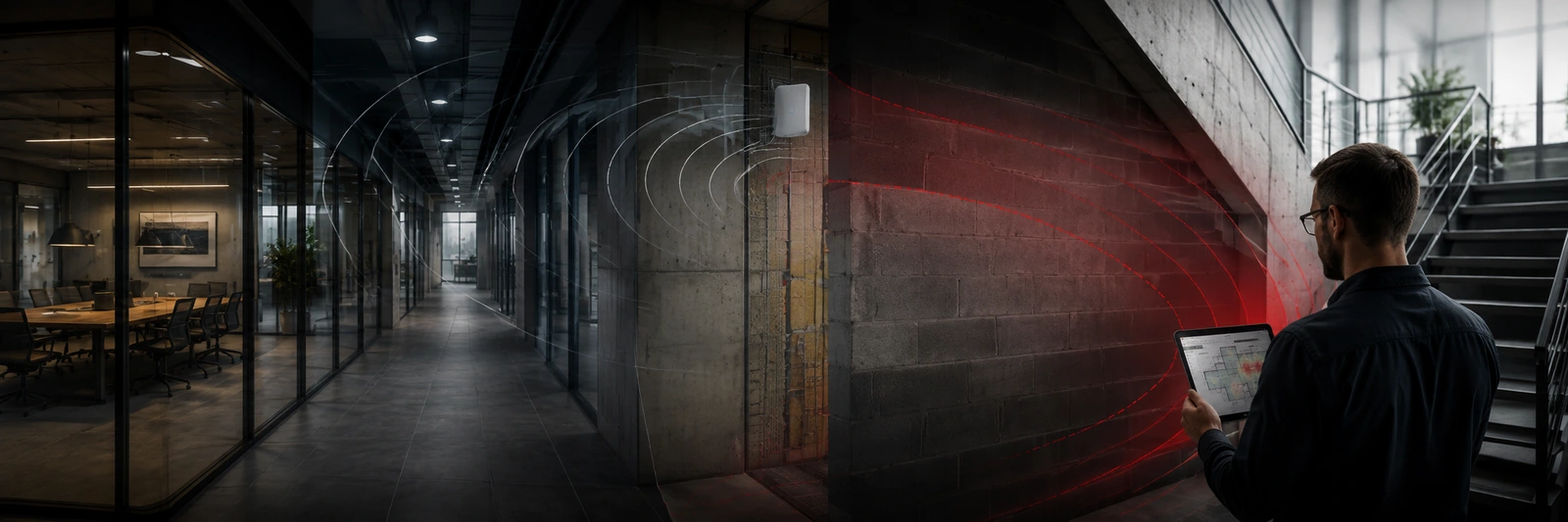 A corridor with a concrete block wall showing the coverage shadow behind it that becomes a Wi-Fi dead zone.