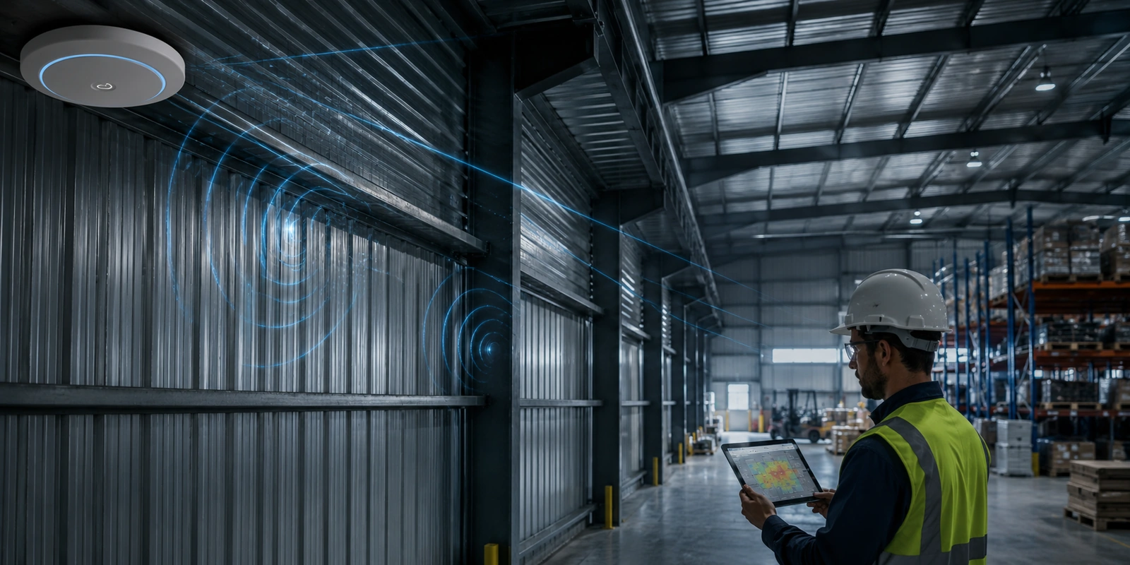 An engineer surveying a warehouse with corrugated steel walls as the access point signal reflects off the metal surfaces.